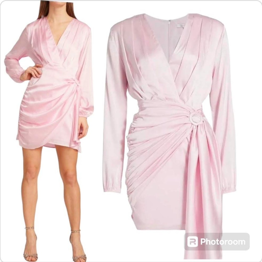 Wayf Attina Belted Wrap Dress Pink Satin Cocktail Mini NWT Size M